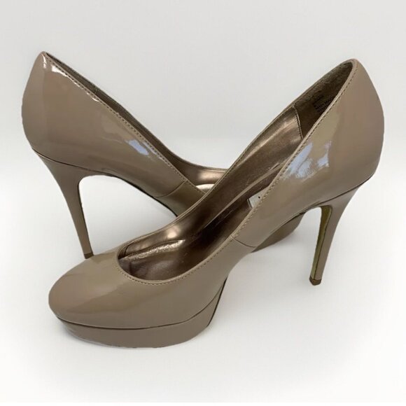 Steve Madden P-Reta Taupe Nude Patent Platform Stiletto Heels Pumps Size 8.5 - Picture 1 of 12